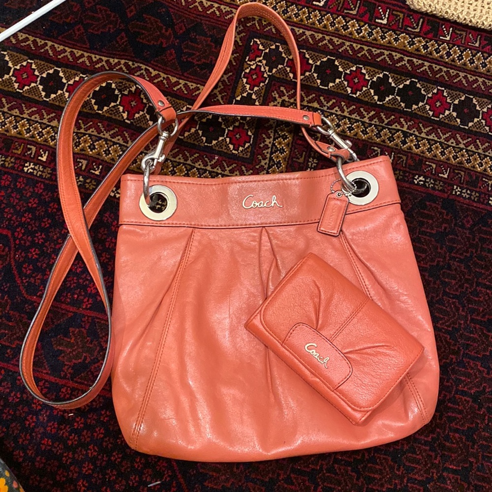 Coral salmon genuine leather coach purse and matching wallet